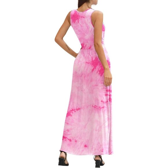 Women Flower Red Deep V Neck Sleeveless Loose Plain Long Maxi Stretchy Dress - Picture 5 of 5